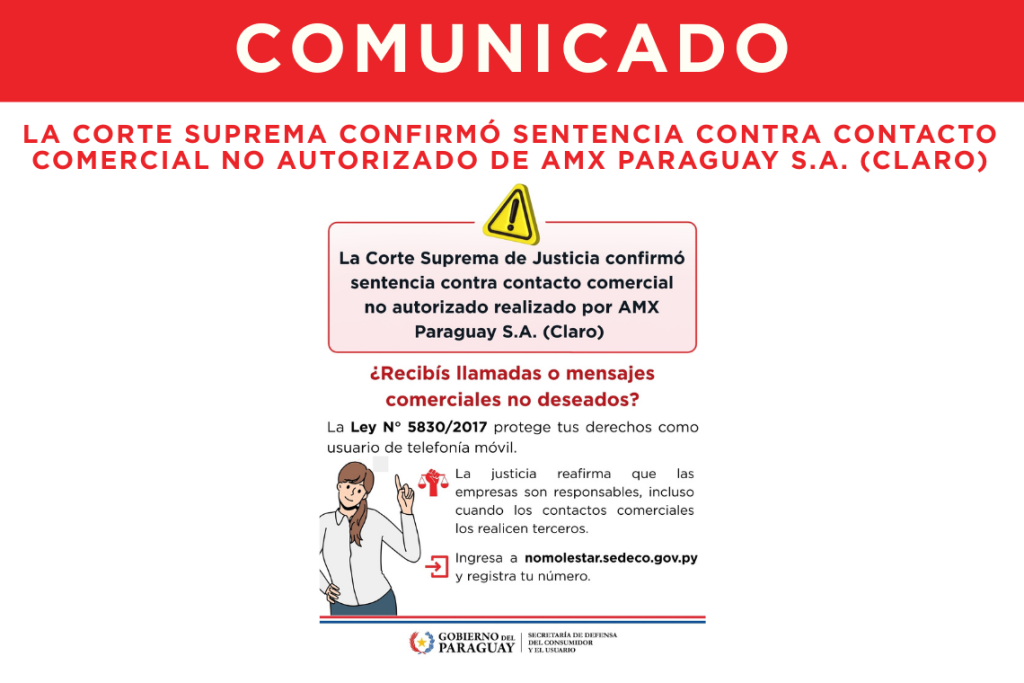 La Corte Suprema confirma sanción a AMX Paraguay S.A. (Claro) por contacto comercial no autorizado