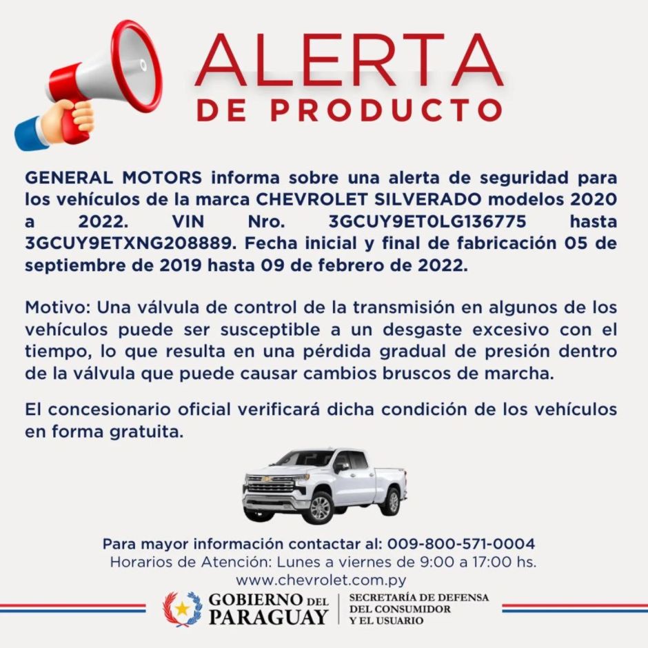 Alerta de Producto GENERAL MOTORS