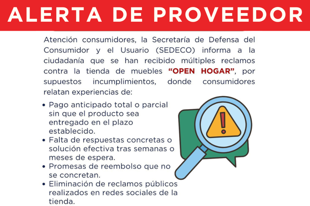 SEDECO advierte sobre reclamos del proveedor «Open Hogar»